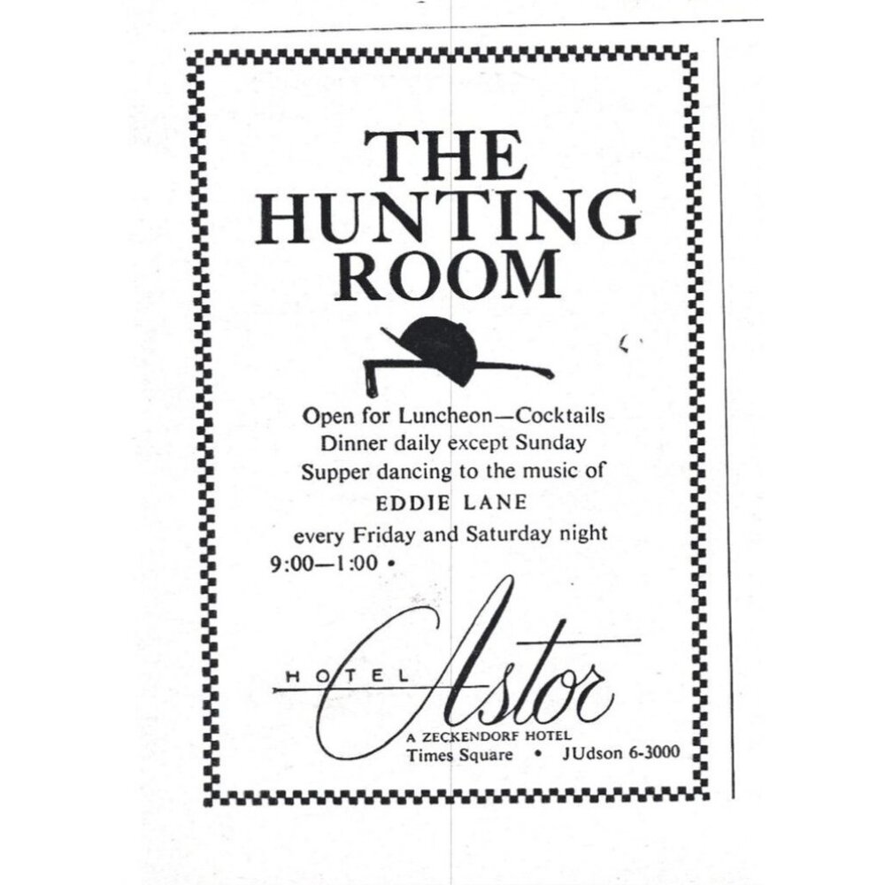 The Hunting Room Hotel Astor Times Square Eddie Lane Advert NYC 1950s Print Ad